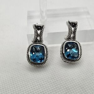 Elegant Silver Tone Blue Gemstone  Stud Earrings